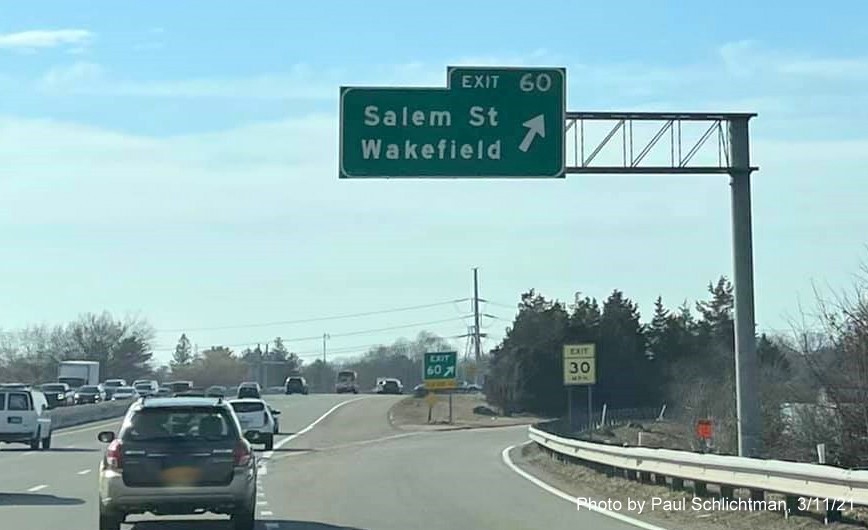 Image of overhead ramp sign for Salem Street exit with new milepost based exit number on I-95 South in Lynnfield, by Paul Schlichtman, March 2021