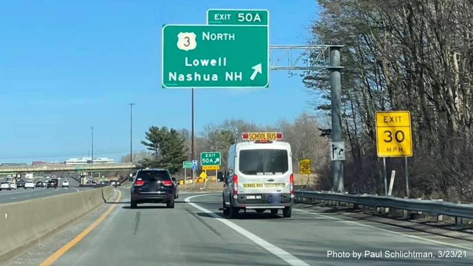 Image of overhead signage on C/D lanes at ramp for US 3 North exit with new milepost based exit number on I-95/MA 128 North in Burlington, by Paul Schlichtman, March 2021