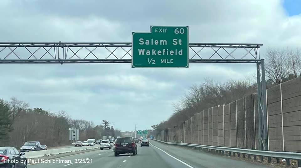 Image of 1/2 mile advance overhead sign for Salem Street exit with new milepost based exit number on I-95/MA 128 North in Wakefield, by Paul Schlichtman, March 2021