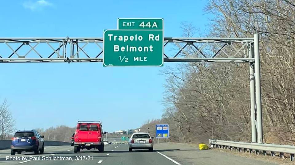 Image of 1/2 Mile advance overhead sign for Trapelo Road Belmont exit with new milepost based exit number on I-95/MA 128 North in Waltham, by Paul Schlichtman, March 2021