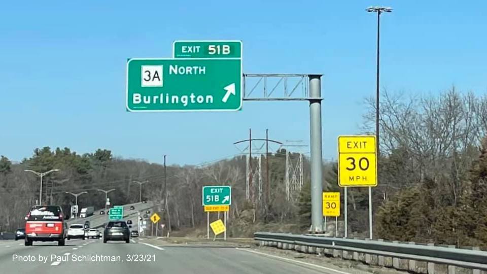 Image of overhead ramp sign for MA 3A North exit with new milepost based exit number on I-95/MA 128 North in Burlington, by Paul Schlichtman, March 2021