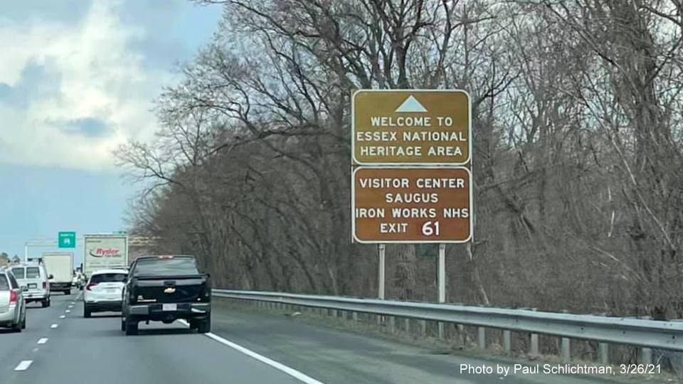 Image of brown auxiliary signage for Walnut Street exit with new milepost based exit number on I-95/MA 128 North in Lynnfield, by Paul Schlichtman, March 2021