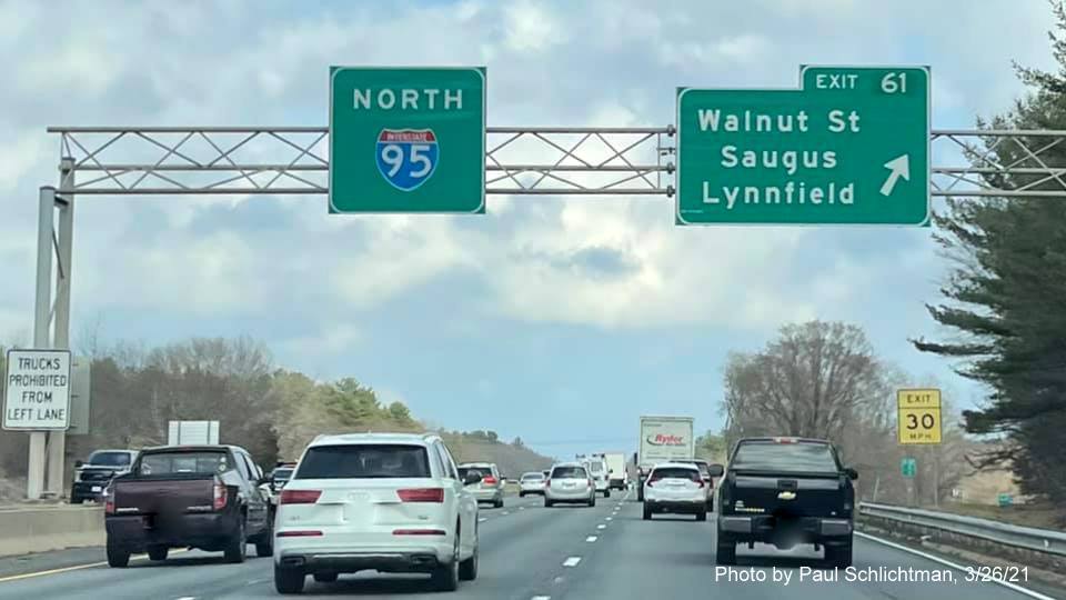 Image of overhead ramp signage for Walnut Street exit with new milepost based exit number on I-95/MA 128 North in Lynnfield, by Paul Schlichtman, March 2021