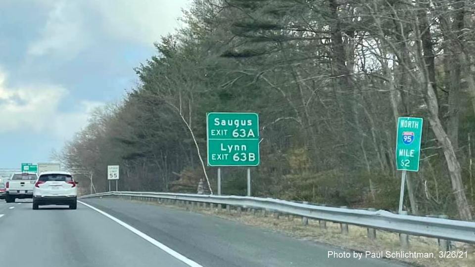 Image of auxiliary sign for US 1/MA 129 exits with new milepost based exit numbers on I-95/MA 128 North in Lynnfield, by Paul Schlichtman, March 2021
