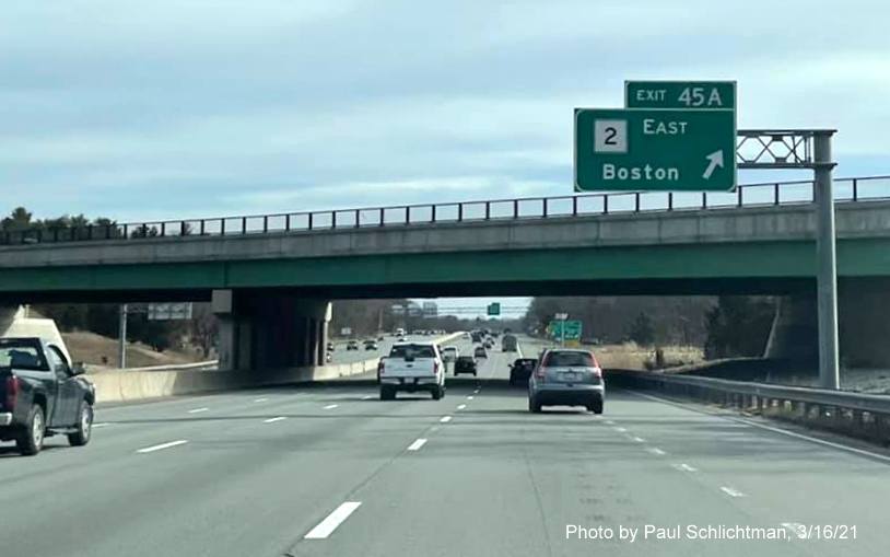 Image of overhead ramp sign for MA 2 East exit with new milepost based exit number on I-95/MA 128 South in Lexington, photo by Paul Schlictman, March 2021