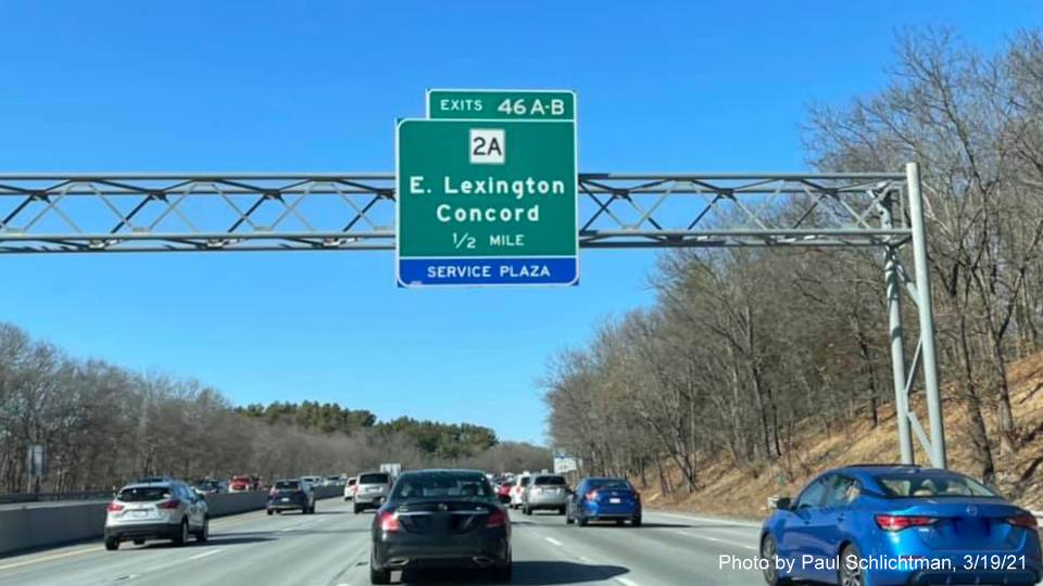 Image of 1/2 Mile advance overhead sign for MA 2A exits with new milepost based exit number on I-95/MA 128 North in Waltham, by Paul Schlichtman, March 2021