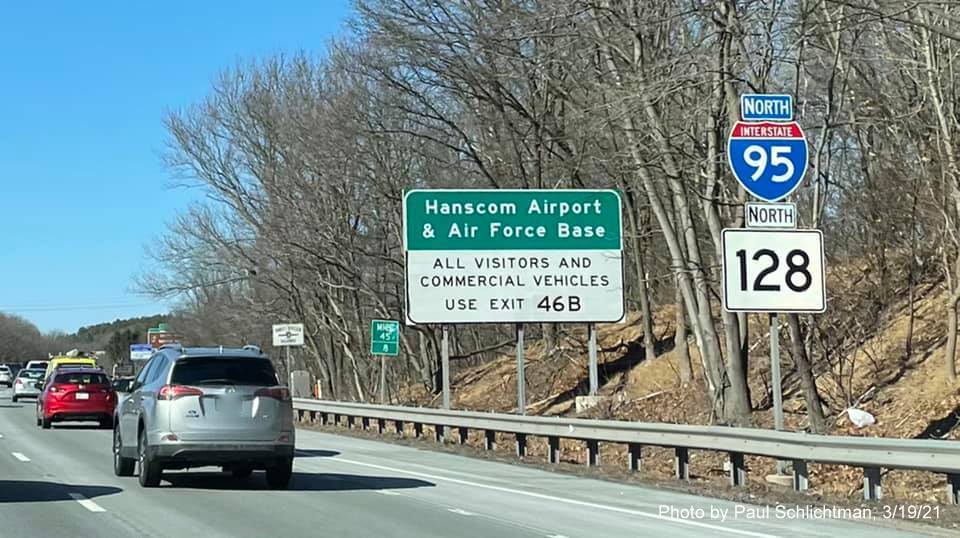 Image of auxiliary sign for MA 2A West exit with new milepost based exit number on I-95/MA 128 North in Waltham,
      by Paul Schlichtman, March 2021