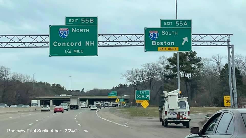 Image of overhead signage at ramp to I-93 South with new milepost based exit numbers on I-95/128 North in Woburn, by Paul Schlichtman, March 2021