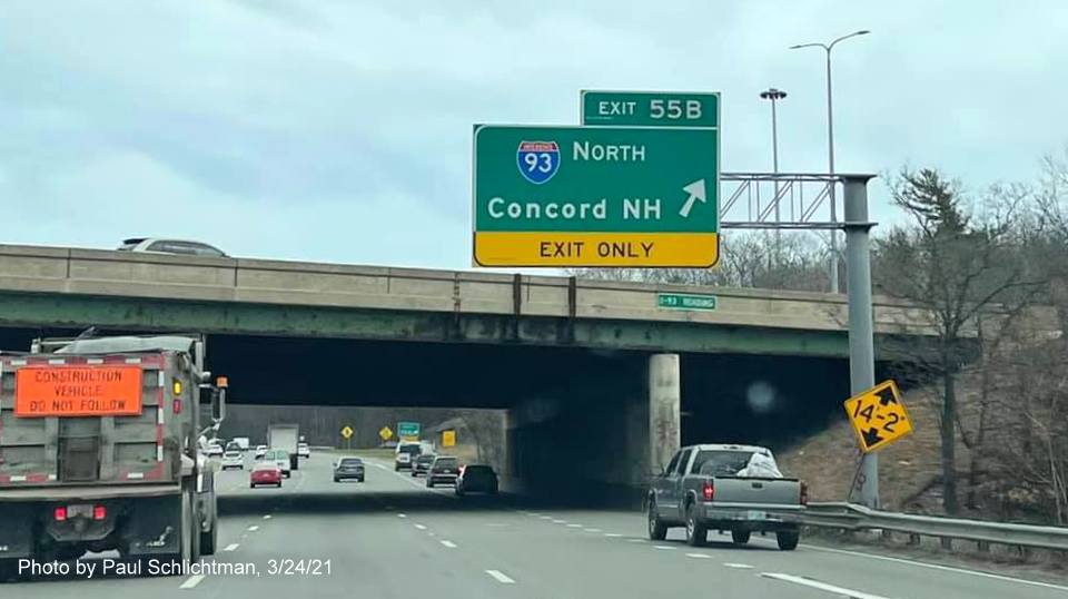 Image of overhead signage at ramp to I-93 North with new milepost based exit number on I-95/128 North in Woburn, by Paul Schlichtman, March 2021