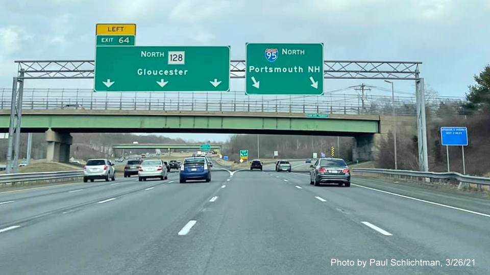 Image of overhead signage at ramp for MA 128 North exit with new milepost based exit number on I-95 North in Peabody, March 2021