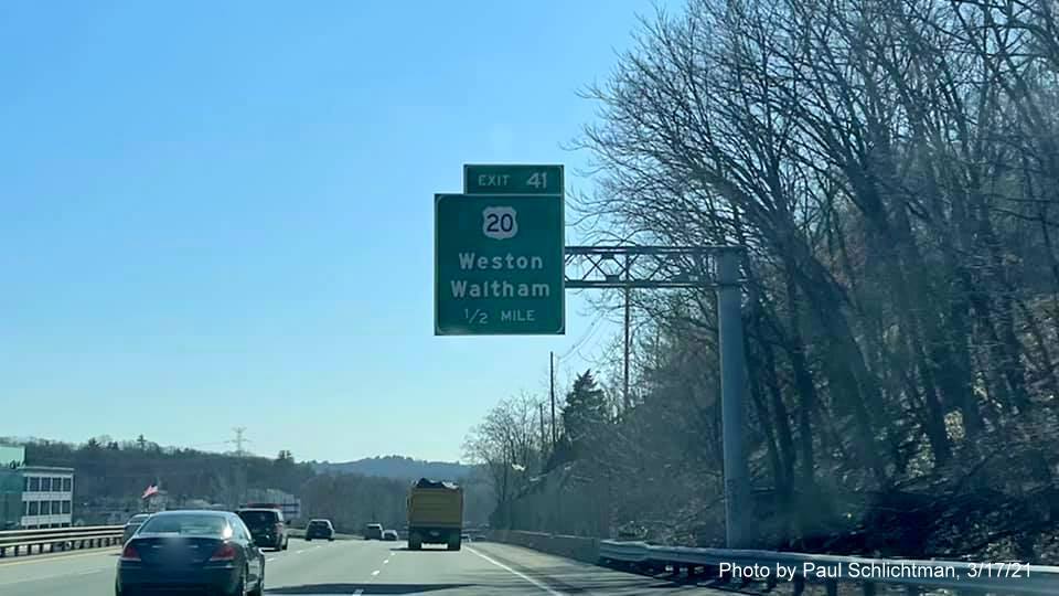 Image of 1/2 mile advance overhead sign for US 20 exit with new milepost based exit number on I-95/MA 128 South in Waltham, by Paul Schlichtman, March 2021