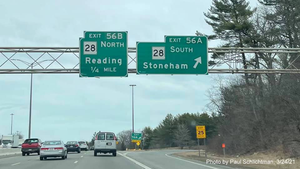 Image of overhead ramp sign for MA 28 South exit with new milepost based exit number on I-95/MA 128 North in Reading, by Paul Schlichtman, March 2021