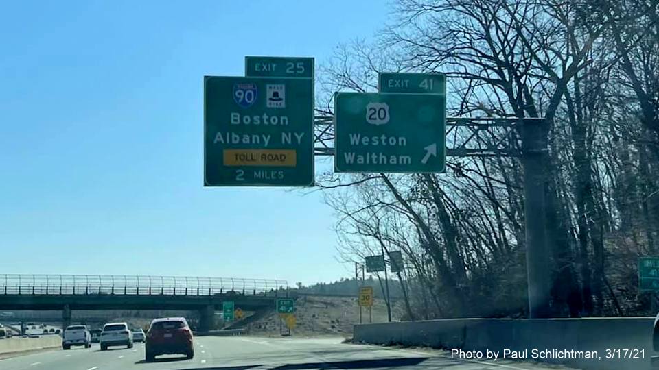 Image of overhead signage at ramp for US 20 exit with new milepost based exit number on I-95/MA 128 South in Waltham, by Paul Schlichtman, March 2021