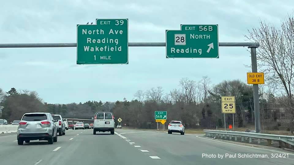 Image of overhead ramp sign for MA 28 North exit with new milepost based exit number on I-95/MA 128 North in Reading, by Paul Schlichtman, March 2021