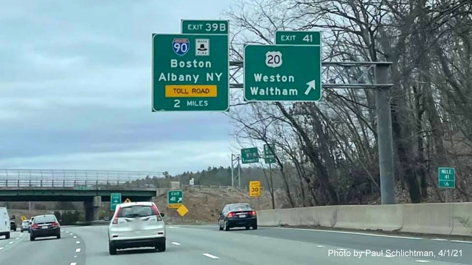 Image of overhead signage at ramp for US 20 exit with new milepost based exit numbers on I-95/MA 128 South in Waltham, by Paul Schlichtman, April 2021