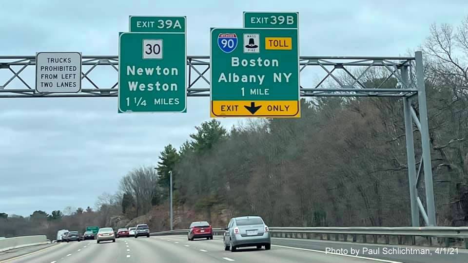 Image of advance signage for MA 30 and I-90 exits with new milepost based exit numbers on I-95/MA 128 South in Weston, by Paul Schlichtman, April 2021