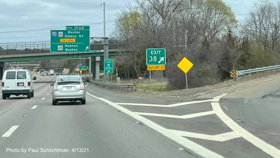 Image of overhead ramp sign for I-90/Mass Pike and MA 30 exits with new milepost based exit numbers on I-95/128 North in Newton, by Paul Schlichtman, April 2021