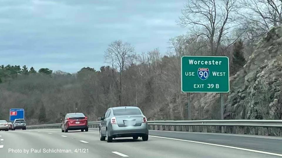 Image of auxiliary sign for I-90 exit with new milepost based exit number on I-95/MA 128 South in Weston, by Paul Schlichtman, April 2021