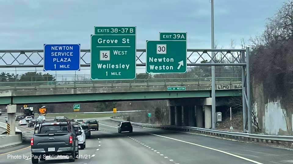 Image of advance signage at ramp for MA 30 exit with new milepost based exit numbers on I-95/MA 128 South in Weston, by Paul Schlichtman, April 2021