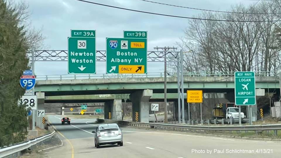Image of overhead signage at ramp for I-90/Mass Pike exit with new milepost based exit numbers on ramp from I-95/128 North in Newton, by Paul Schlichtman, April 2021