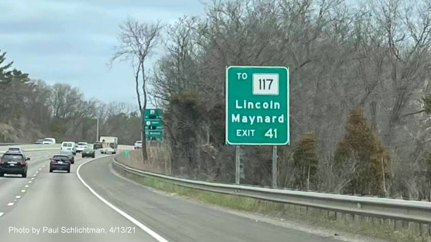Image of auxiliary sign for US 20 exit with new milepost based exit number on I-95/MA 128 North in Waltham, by Paul Schlichtman, April 2021