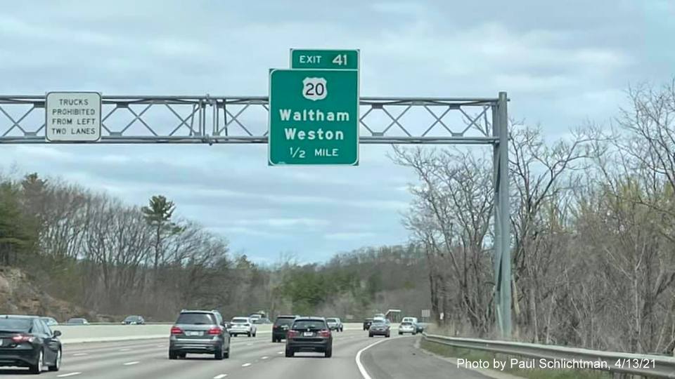Image of 1/2 mile advance sign for US 20 exit with new milepost based exit number on I-95/MA 128 North in Waltham, by Paul Schlichtman, April 2021
