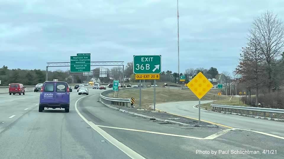 Image of gore sign for MA 9 West exit with new milepost based exit number on I-95/MA 128 South in Wellesley, by 
                                       Paul Schlichtman, April 2021
