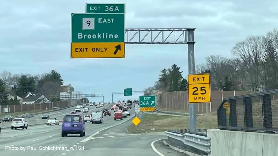 Image of overhead ramp sign for MA 9 East exit with new milepost based exit number on I-95/MA 128 South in Wellesley, by Paul Schlichtman, April 2021