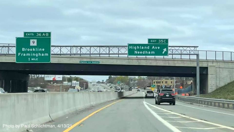 Image of 1 mile advance overhead sign for MA 9 exits with new milepost based exit numbers as seen 
                                             from Highland Ave C/D lanes from I-95/MA 128 North in Needham, by Paul Schlichtman, April 2021