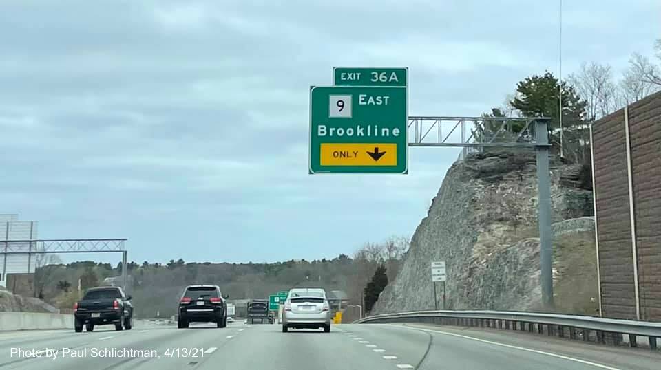Image of 1/4 mile advance overhead right lane only exit sign for MA 9 East exit with new milepost based exit numbers on I-95/MA 128 North in Wellesley, by Paul Schlichtman, April 2021