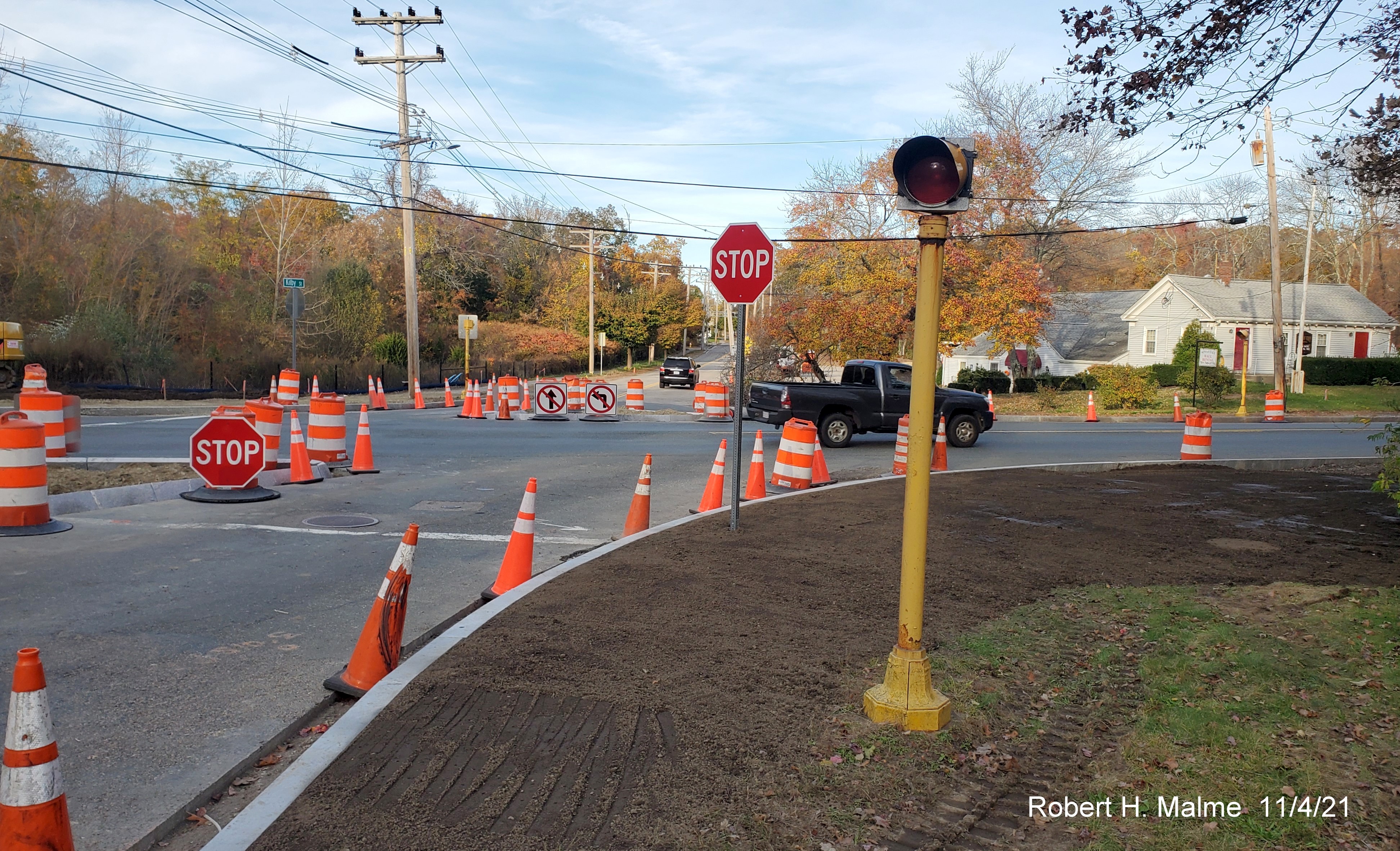 Closer look at temporary No Turn signs on new traffic island at eastbound Kilby/MA 3A intersection in Hingham, November 2021