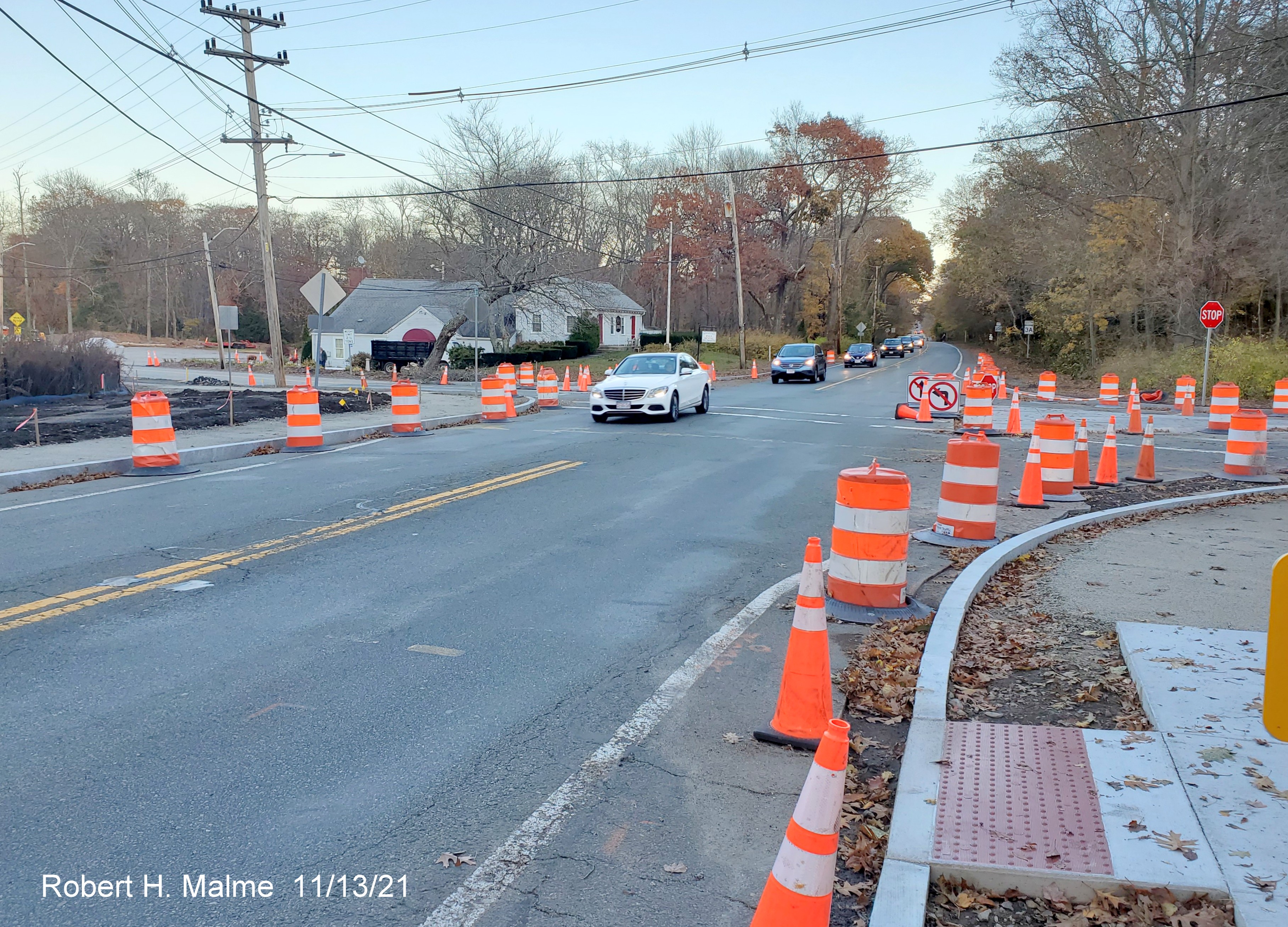 Image of sidewalks awaiting paving on both sides of intersection of Kilby Street and Chief Justice Cushing Highway (MA 3A) in Hingham, November 2021