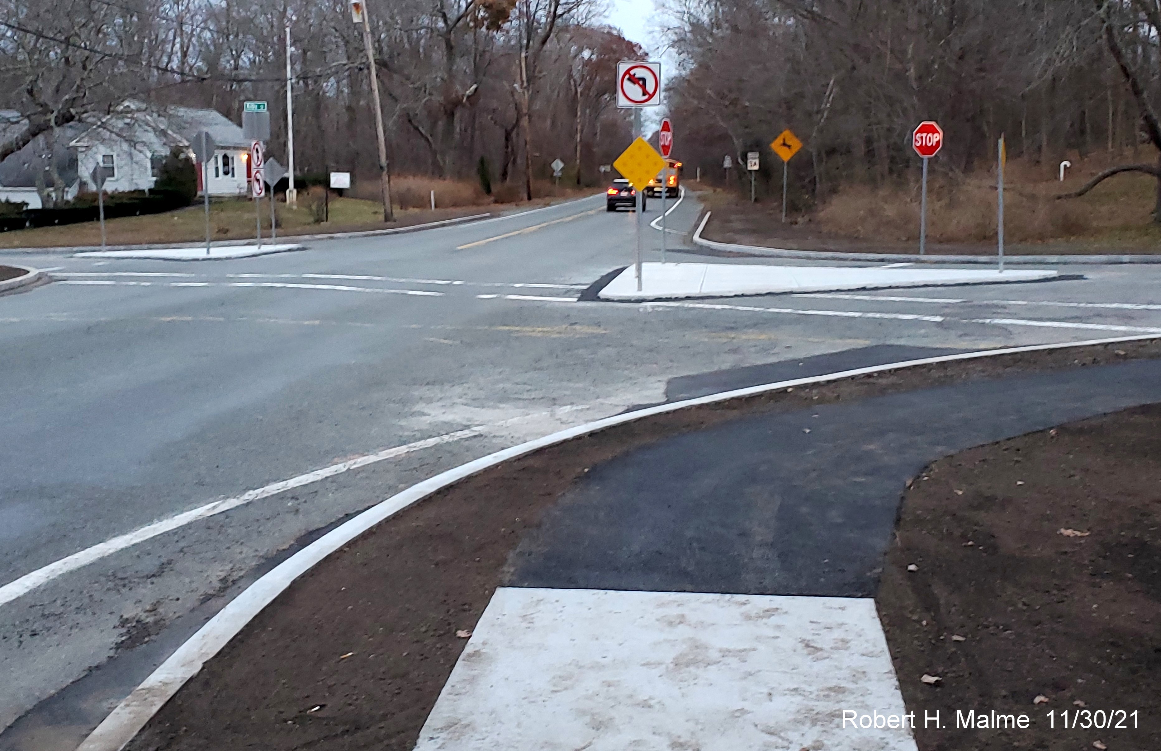 Image of newly paved sidewalk linking new crosswalk to existing sidewalk at intersection of Kilby Street and MA 3A in Hingham, November 2021