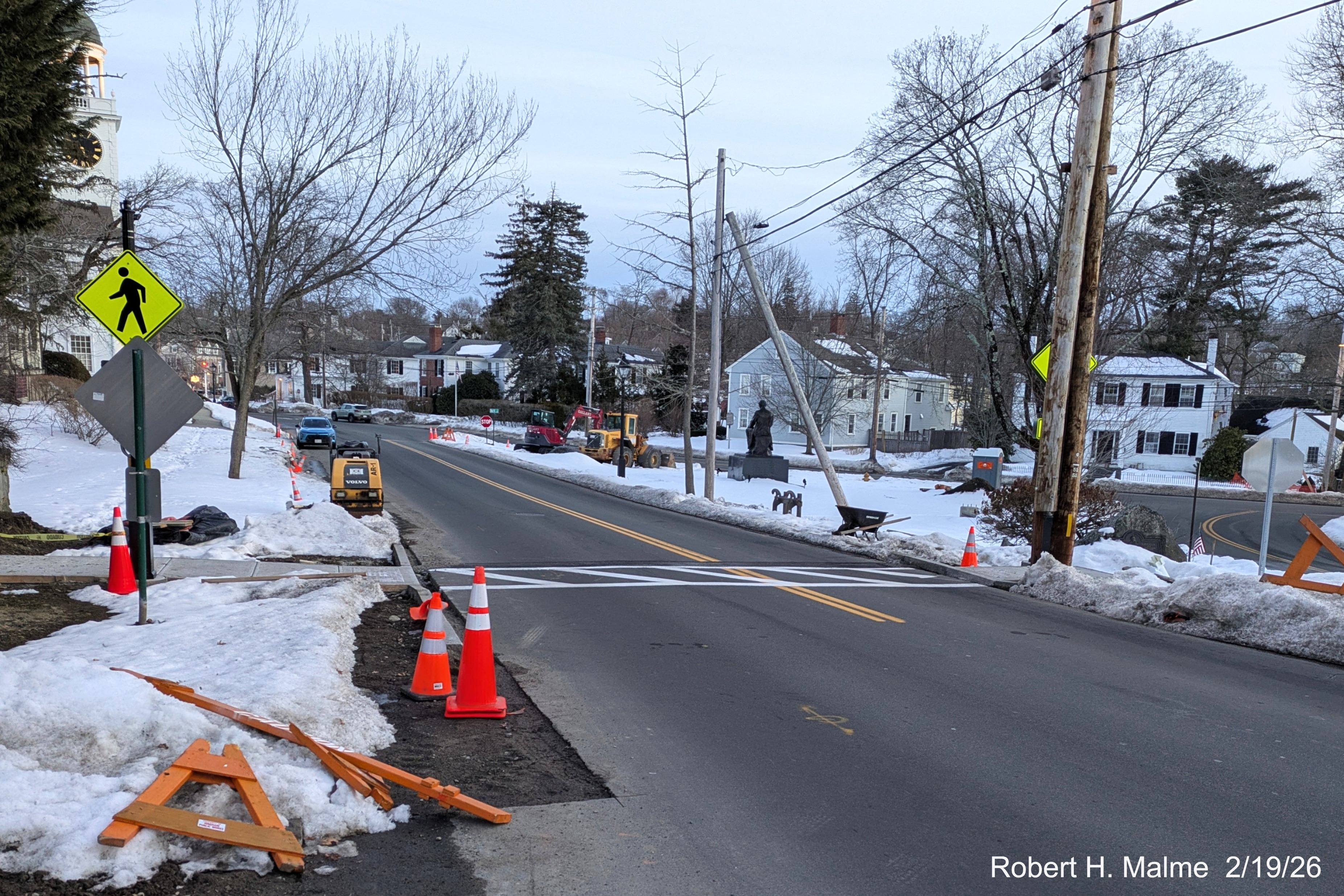 Image of new pedestrian crosswalk now with lines painted across Lincoln Street looking 
	south towards Fountain Square, February 2026