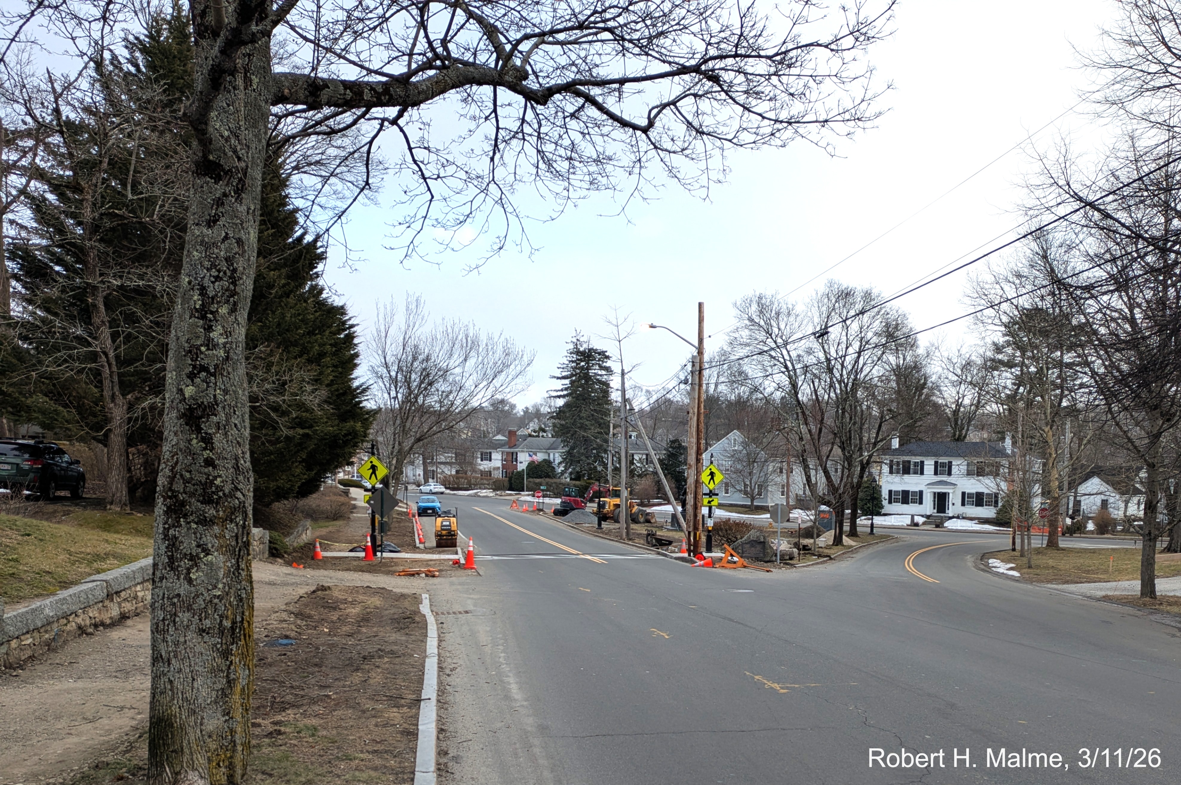 Image of pedestrian crosswalk now with lines painted across Lincoln Street looking 
	south towards Fountain Square, March 2026
