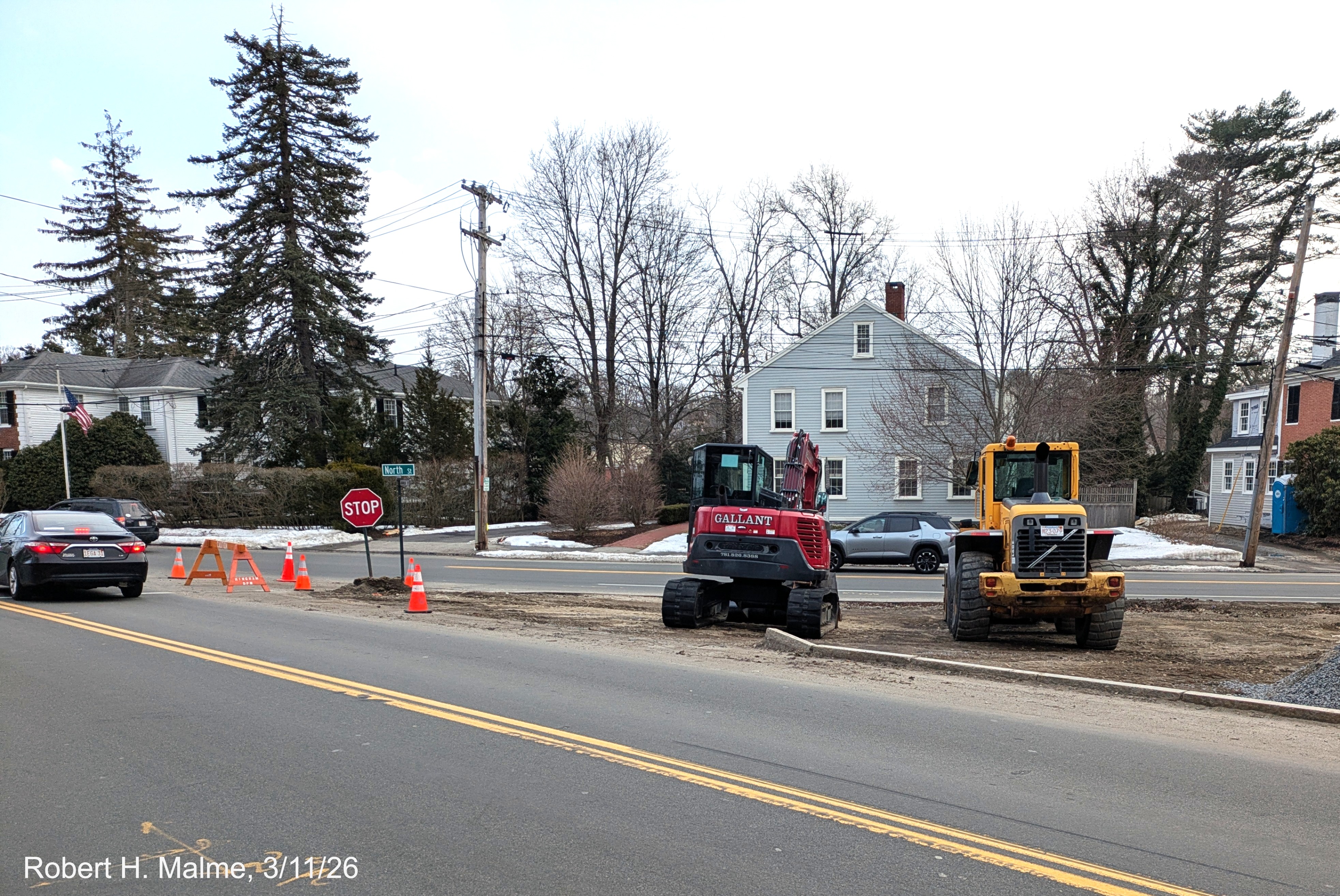 Image of intersection of Lincoln anf North Streets showing the beginning of construction
	work to widen the intersection to 3 lanes at North Street, March 2026