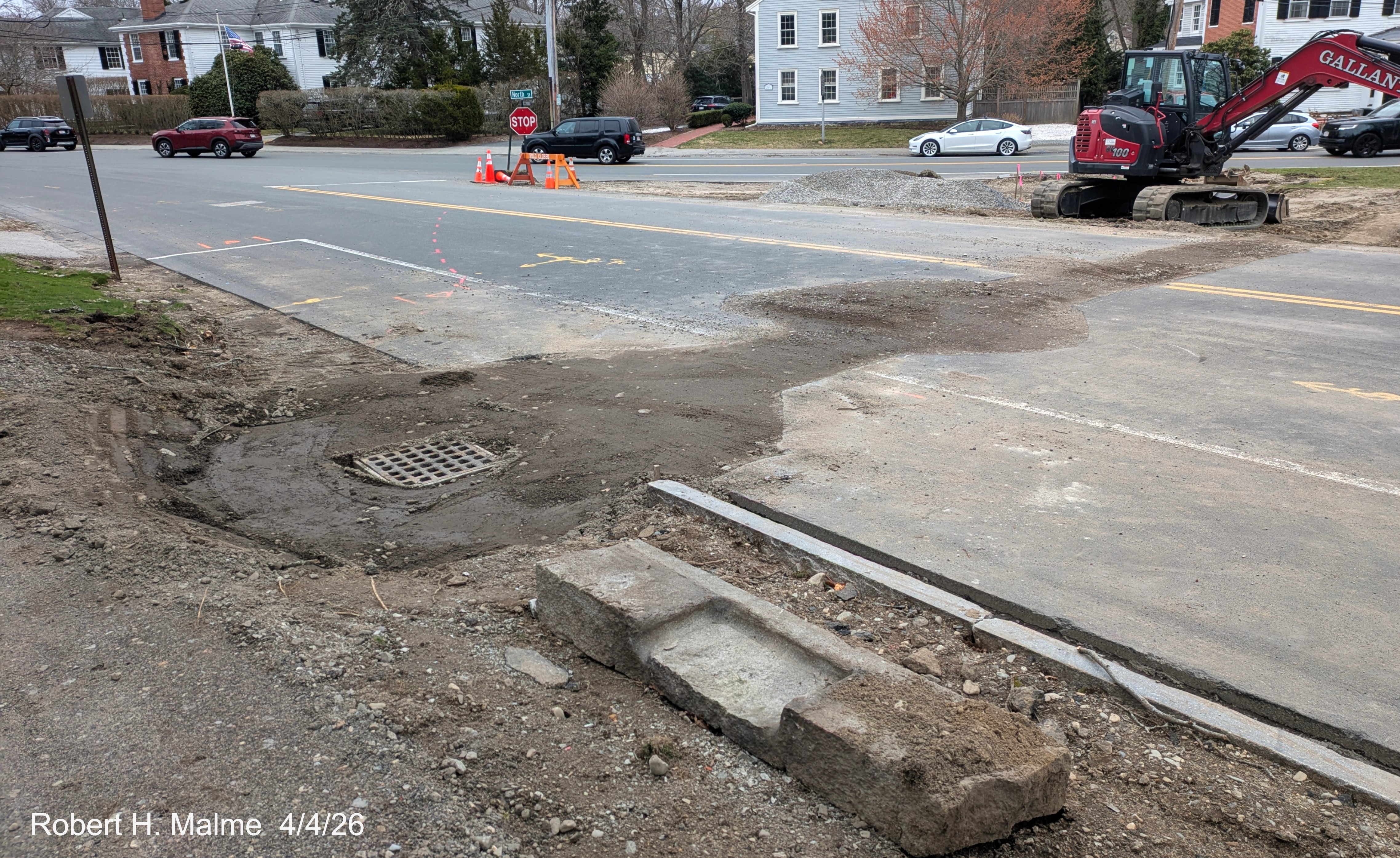 Image of catch basin and drainage pipes being moved from under Lincoln Street, April 2026