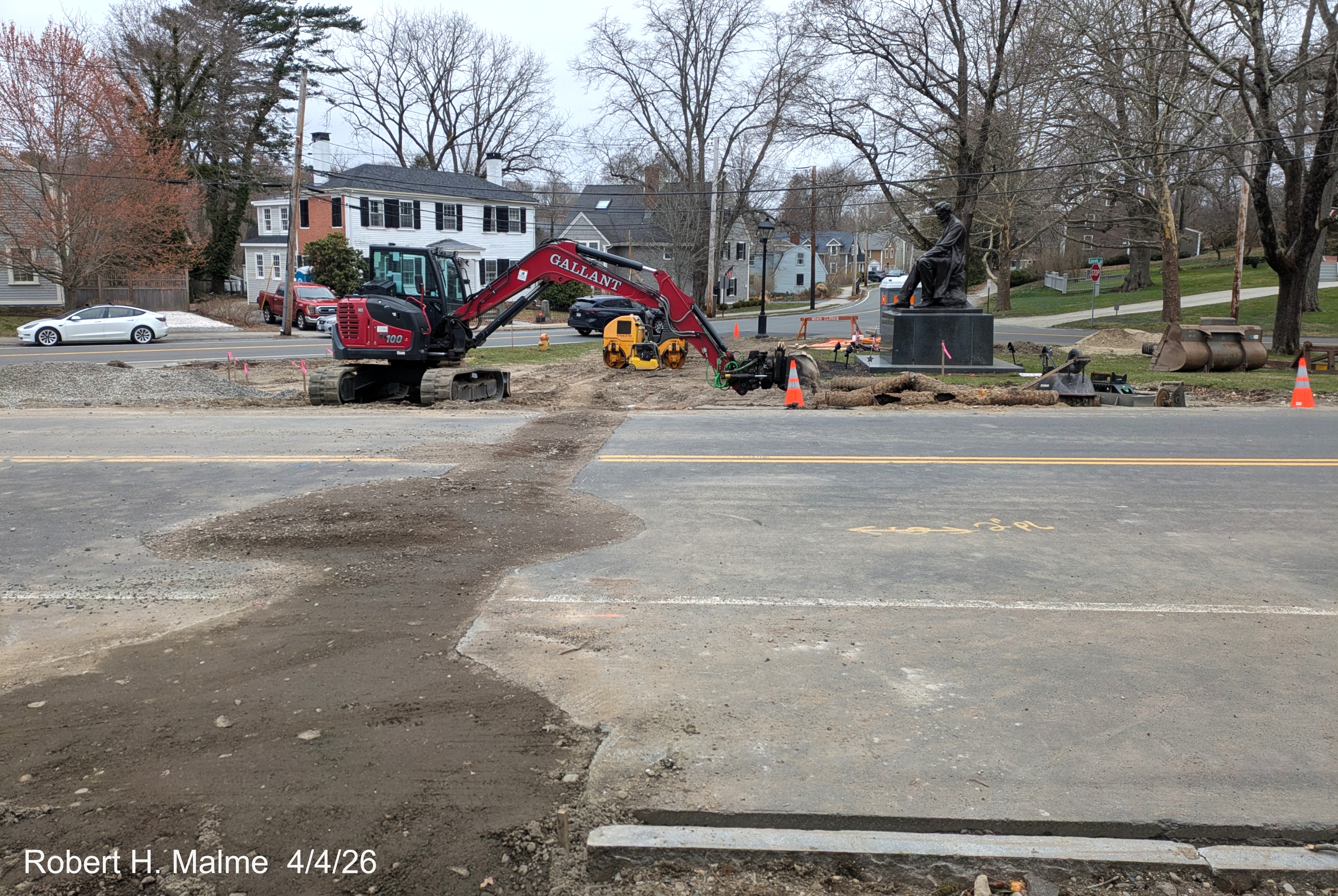 Image of construction equipment surrounding the Lincoln Statue in Fountain Square as 
	seen from across Lincoln Street, April 2026