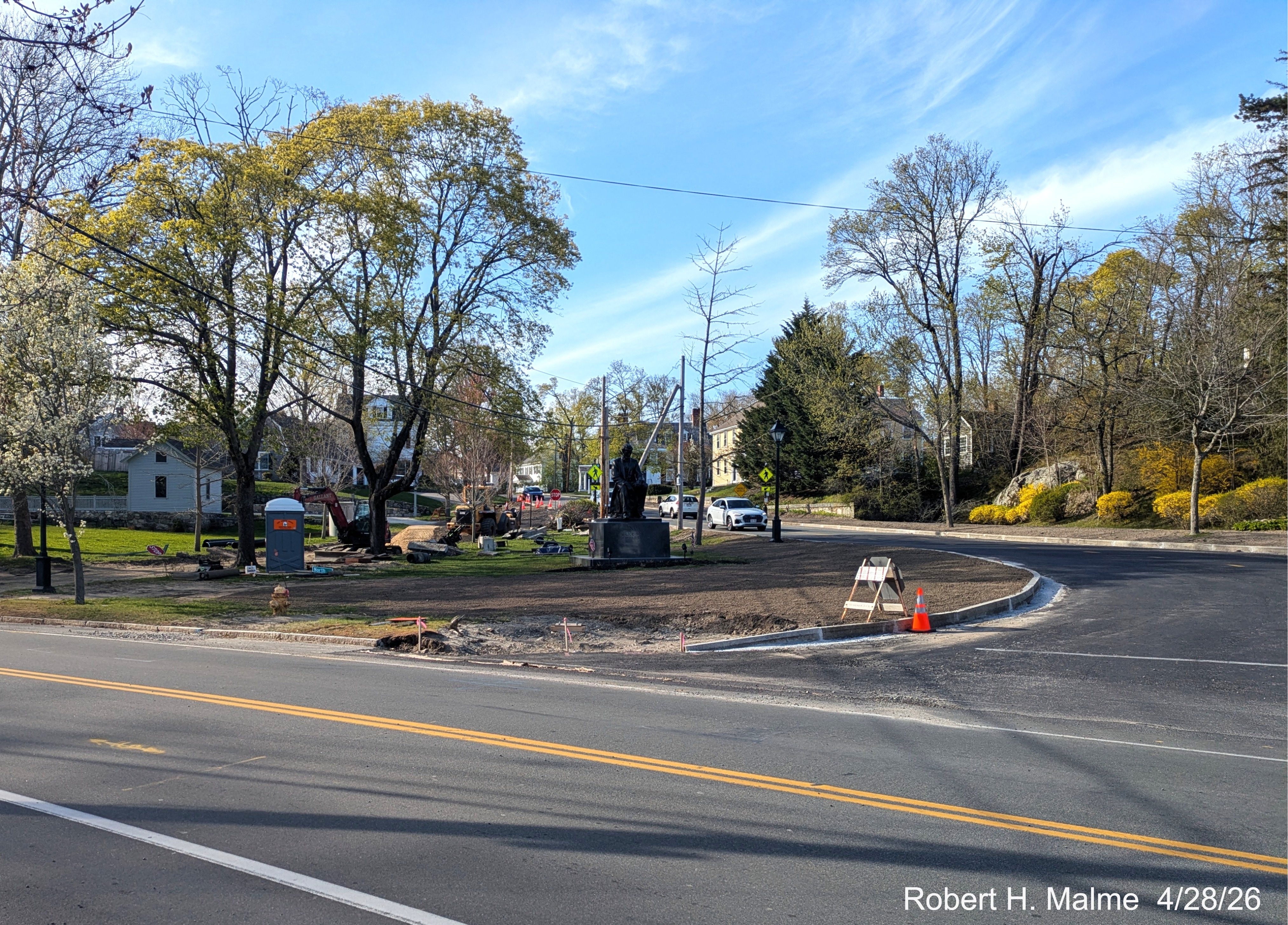 Image from North Street of work on landscaping in Fountain Square starting near the
	Lincoln Statue, April 2026