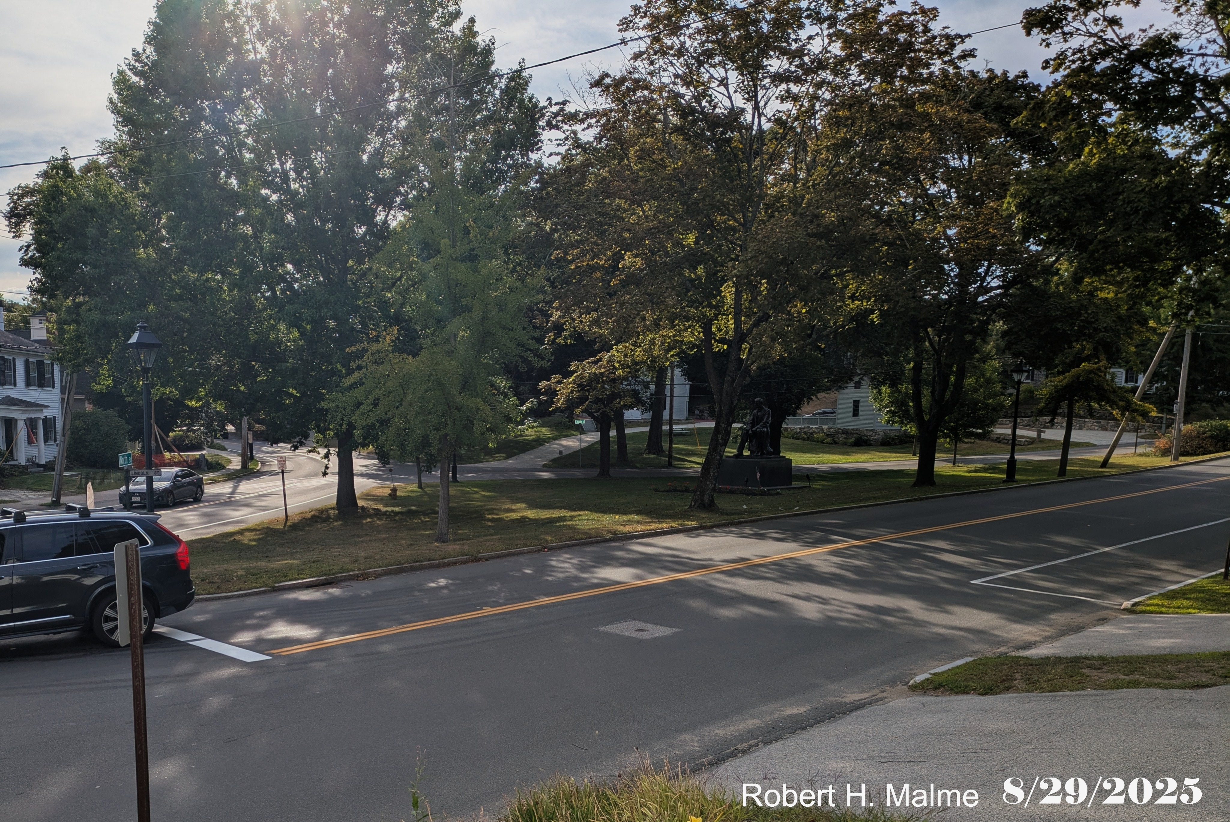 Image of current layout of the intersection of Lincoln and North Streets from in front
	of the New North Church, August 2025