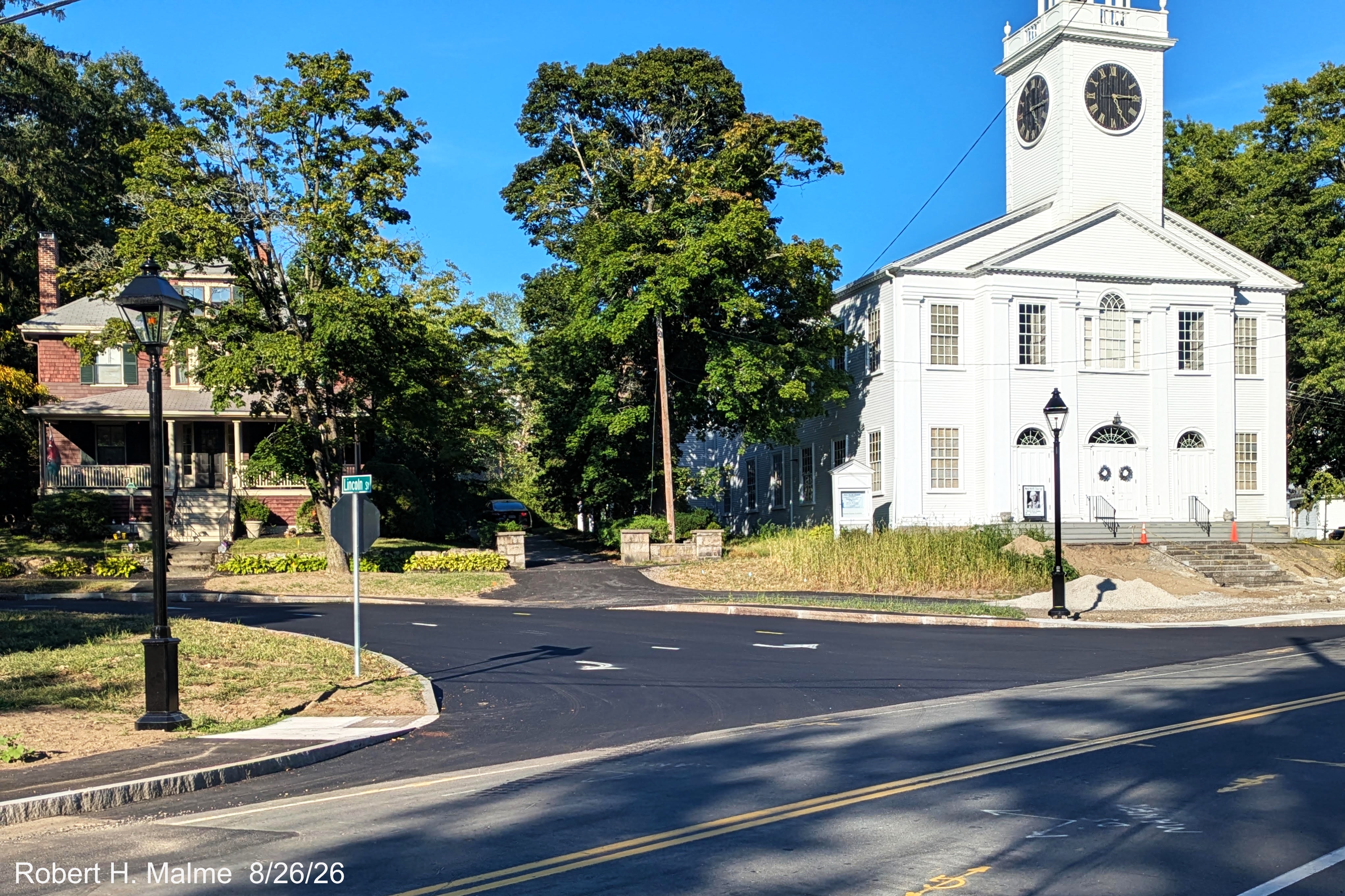 Image taken looking at Lincoln Street intersection from across North Street showing
	temporary lane markings placed near Stop sign, August 2026