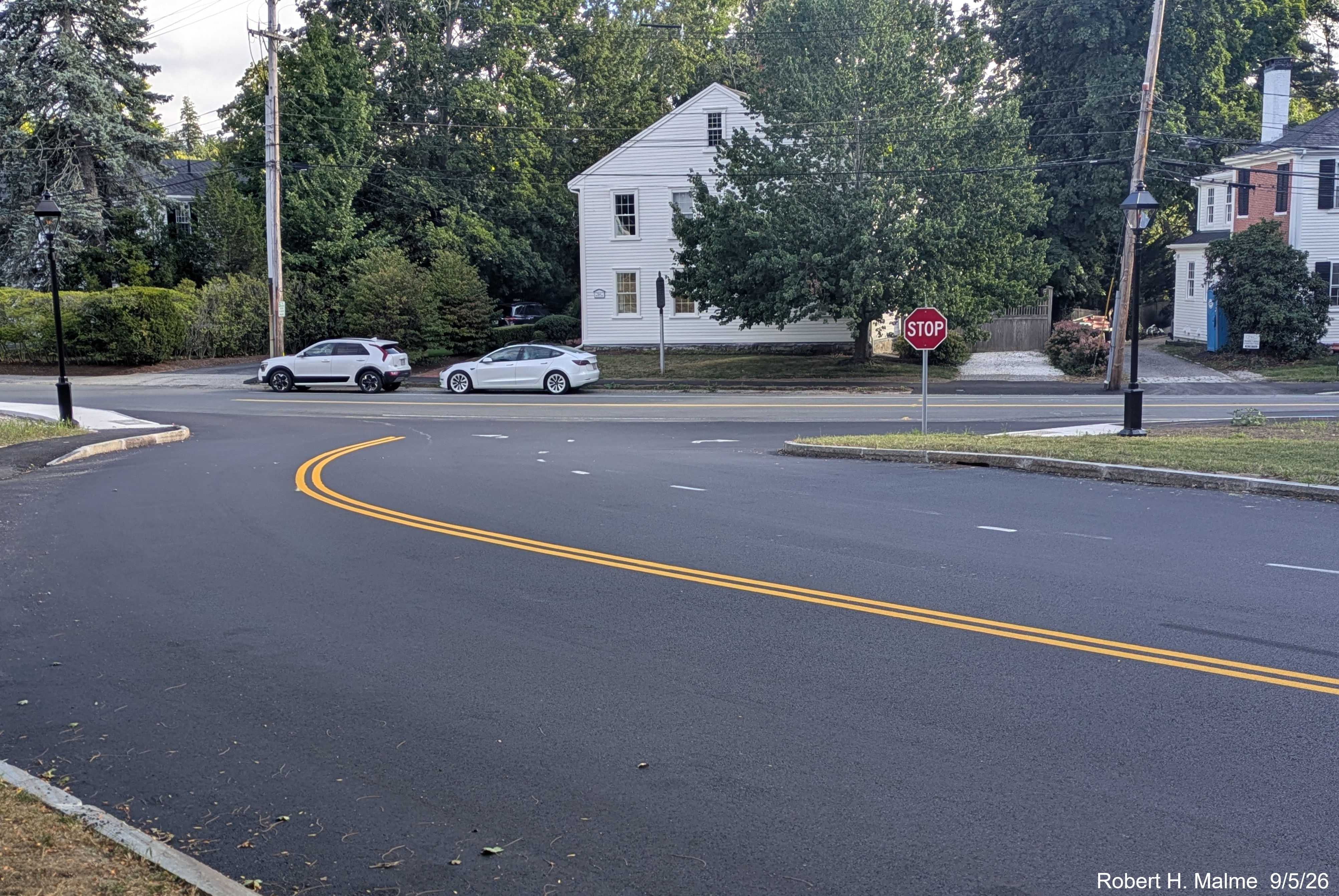 Image taken at the intersection of Lincoln Street at North Street showing the placement 
	of yellow lane markings a week after final paving, September 2026