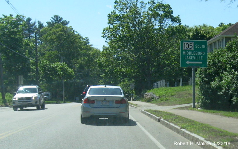 Image of second of two guide signs for beginning of MA 105 South on MA 106 West in Halifax