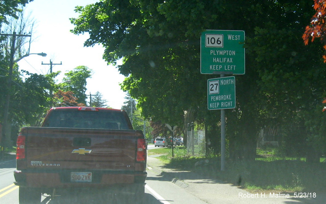 Image of first guide sign at beginning of MA 27 North on MA 106 West in Kingston