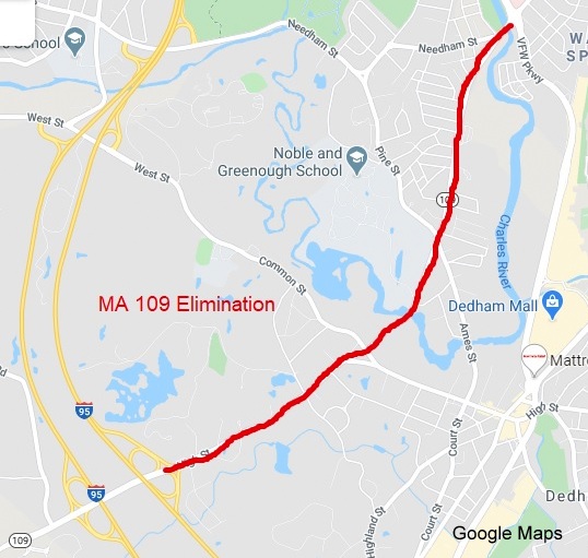 Google Map image of proposed elimination of MA 109 from I-95 in Dedham to VFW Parkway in Boston, created March 29, 2020