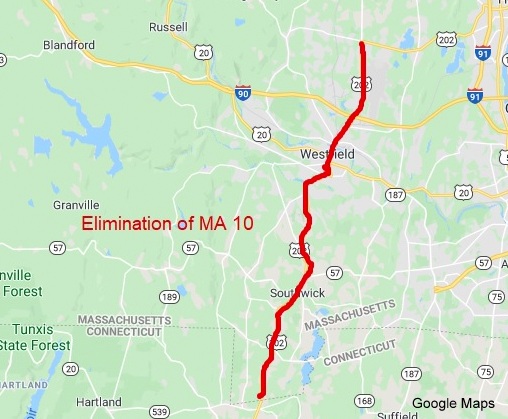 Google Maps image of proposed elimination of MA 10 along concurrent routing of US 202 from Connecticut border to West Springfield, created March 29, 2020