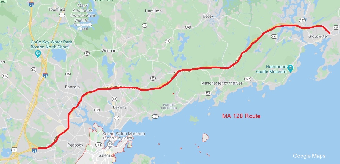 Map of proposed truncated route of MA 128 between Peabody and Gloucester, created April 2020