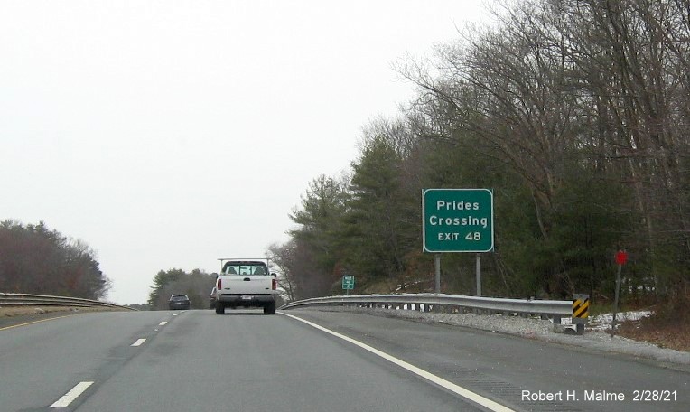 Image of auxiliary sign for Grapevine Road exit with new milepost based exit number on MA 128 North in Wenham, February 2021