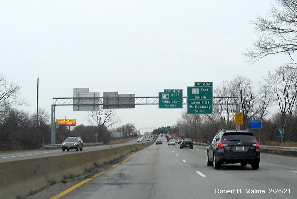 Image of advance signs for MA 114 exits with new milepost based exit numbers on MA 128 North in Peabody, February 2021