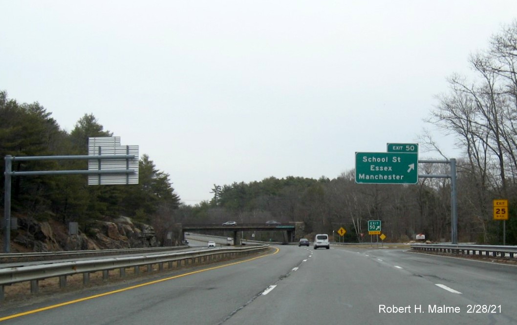 Image of overhead ramp sign for School Street exit with new milepost based exit number on MA 128 North in Essex, February 2021